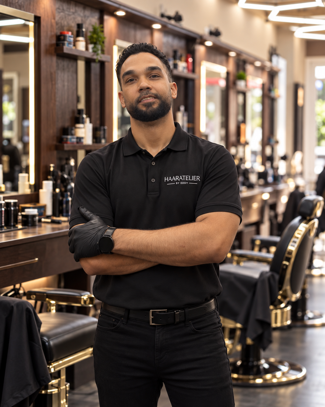 Eddy im Haaratelier, mit verschränkten Armen vor den Barberstühlen